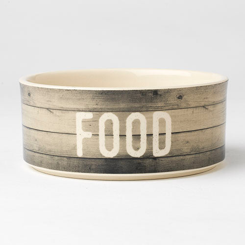 Wooden pet bowl with 'FOOD' text on a white background