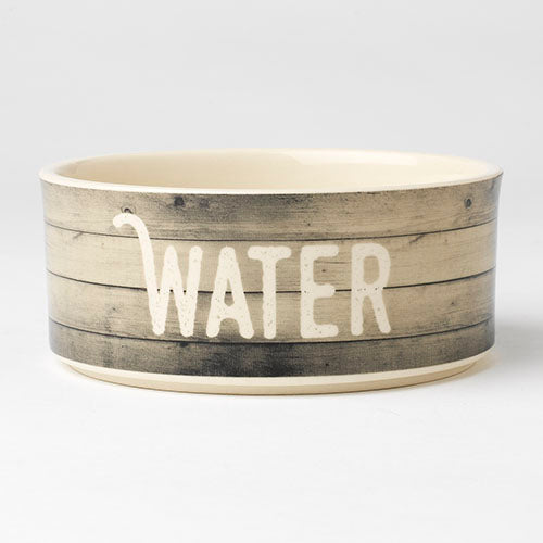 Wooden water bowl with 'WATER' text on a white background