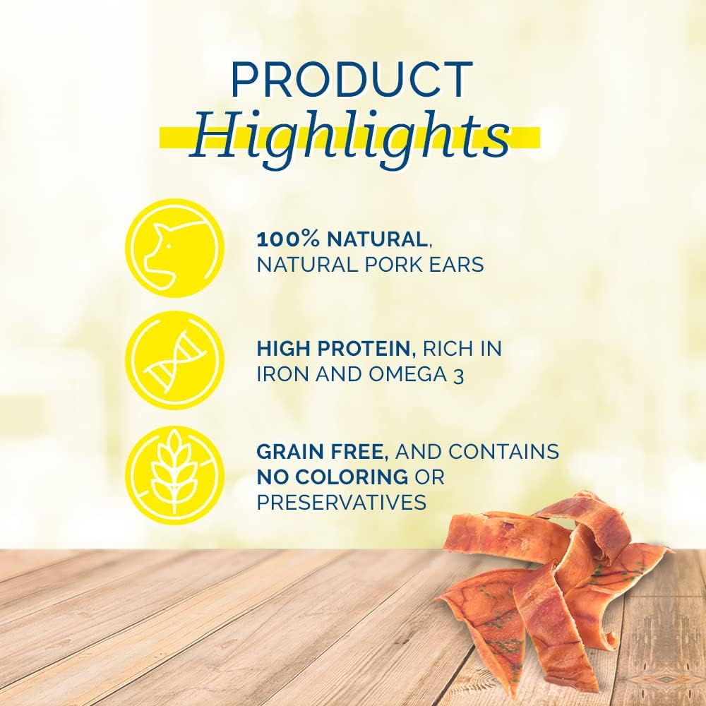 Product highlights of natural pork ears with icons and text on a wooden surface.