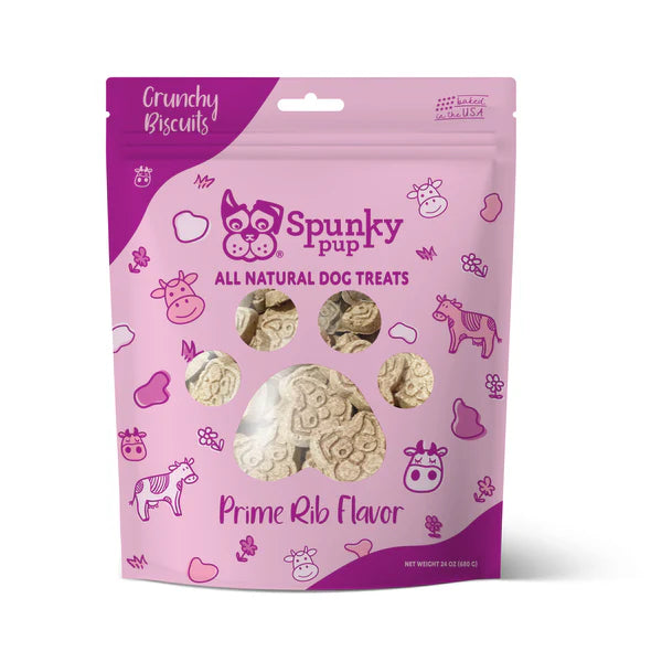 Spunky Pup crunchy biscuits packaging with pink and purple design