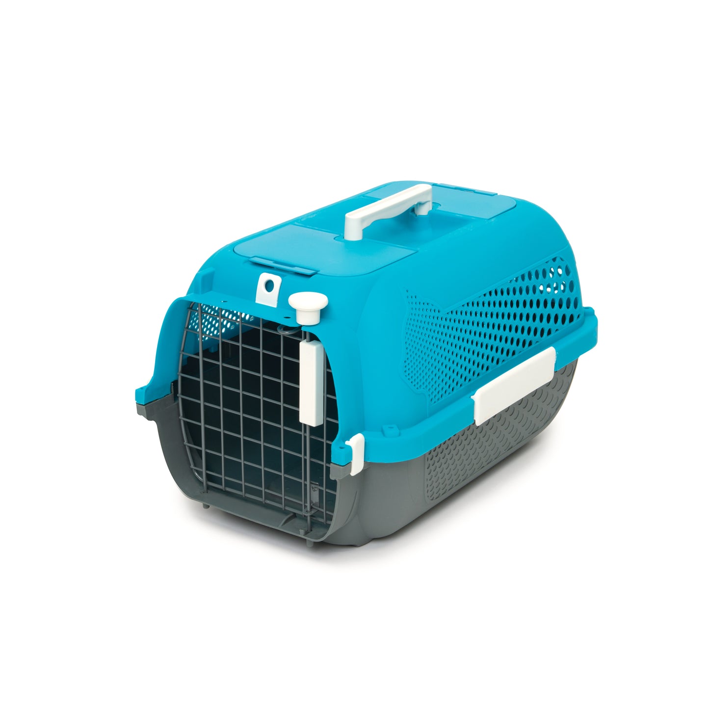Pet carrier with blue top and gray bottom on a white background
