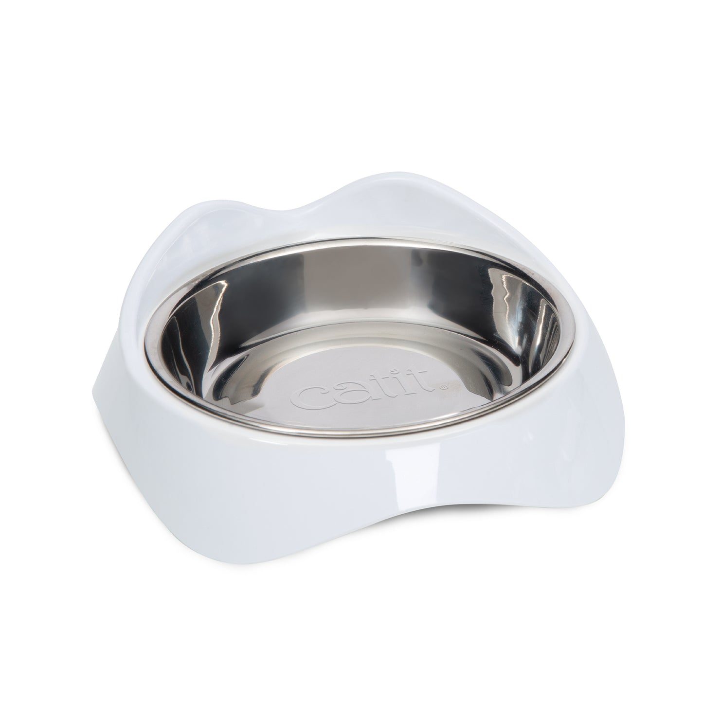White pet bowl with a stainless steel interior on a white background