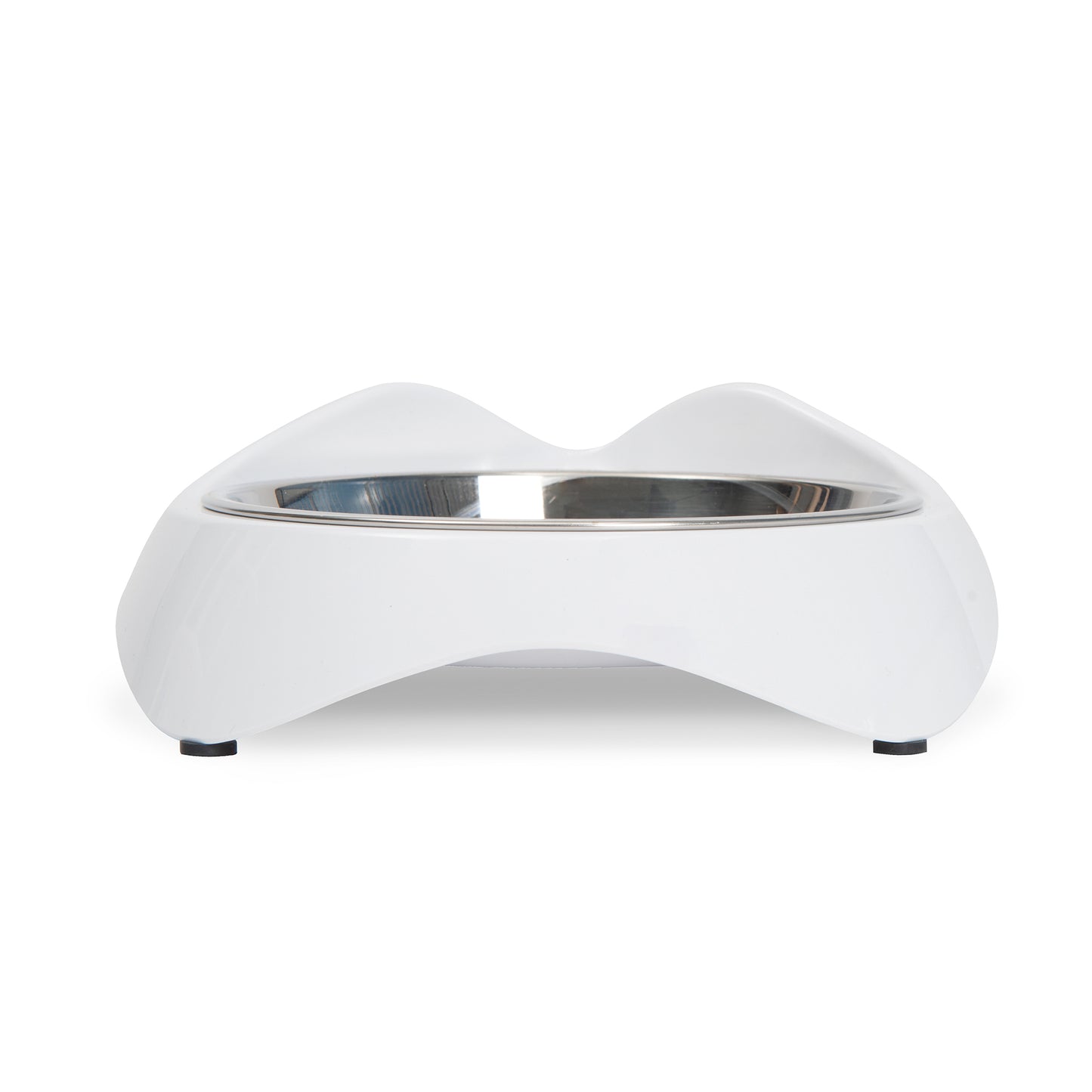 White pet bowl with a silver interior on a white background