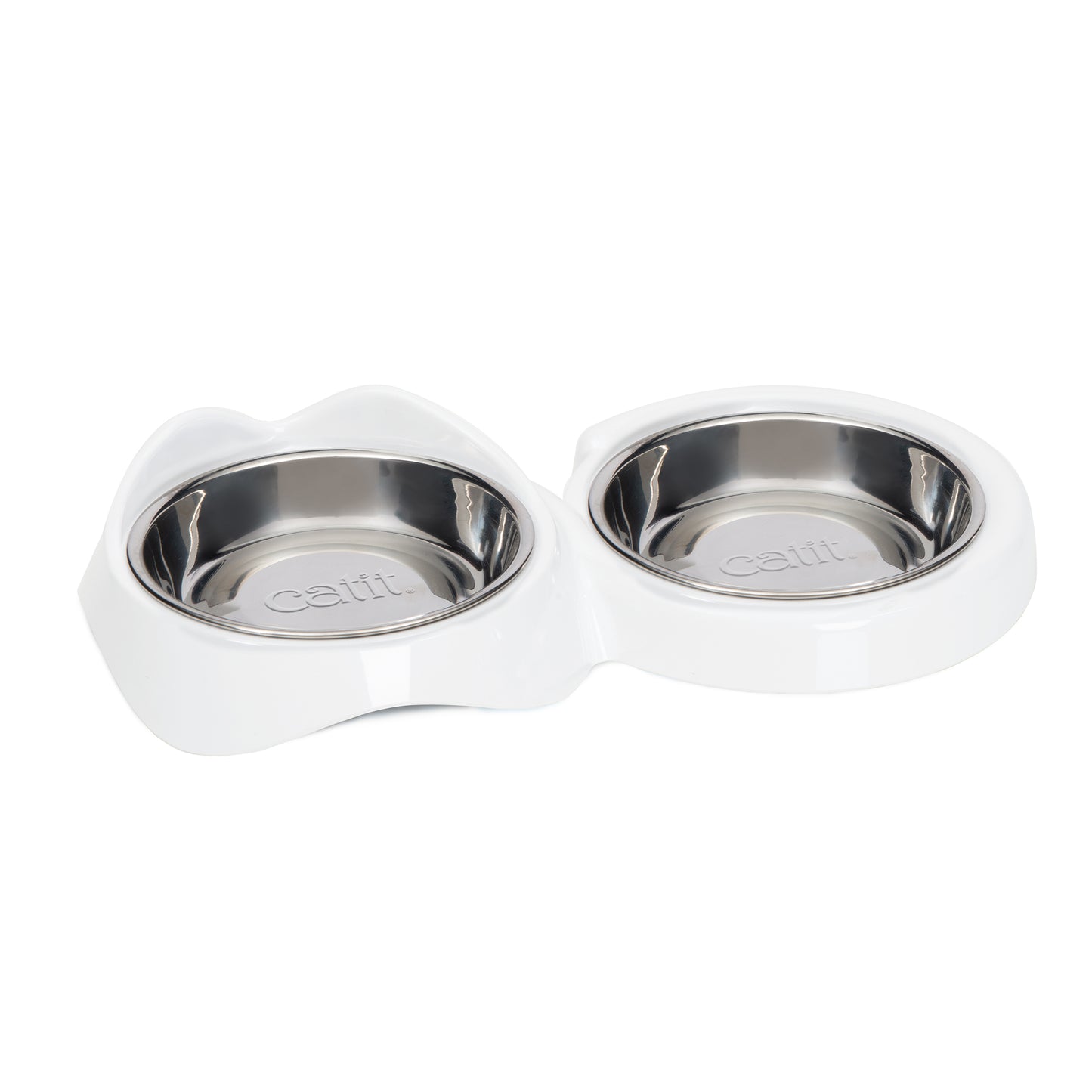 White and silver double pet bowl with 'Calilit' branding on a white background