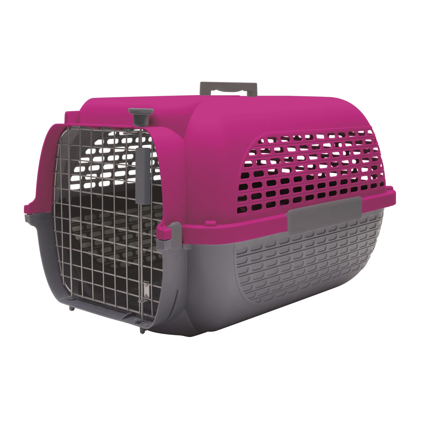 Pet carrier with purple top and gray bottom on a white background