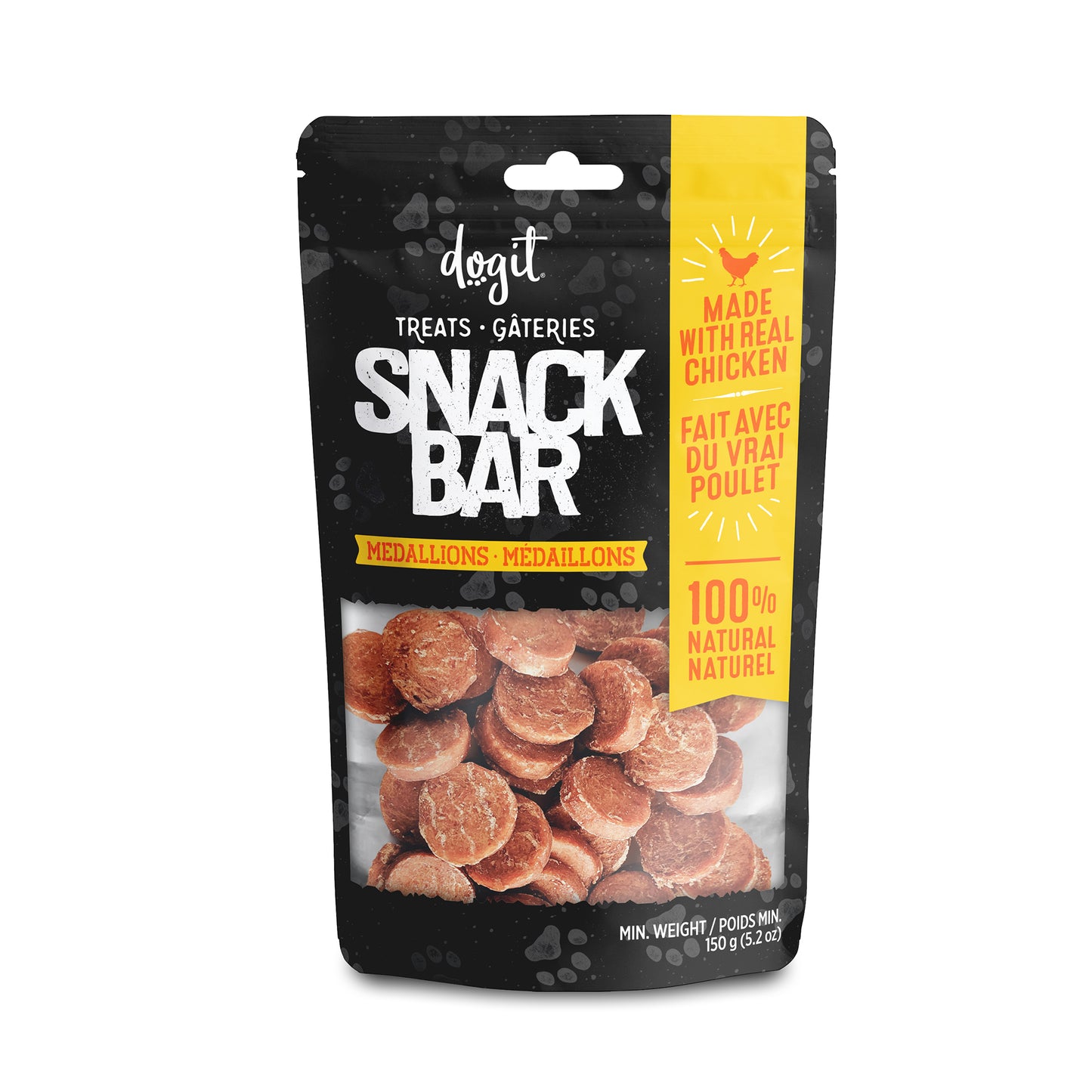 Dogit Snack Bar treats packaging with black and yellow design on a white background