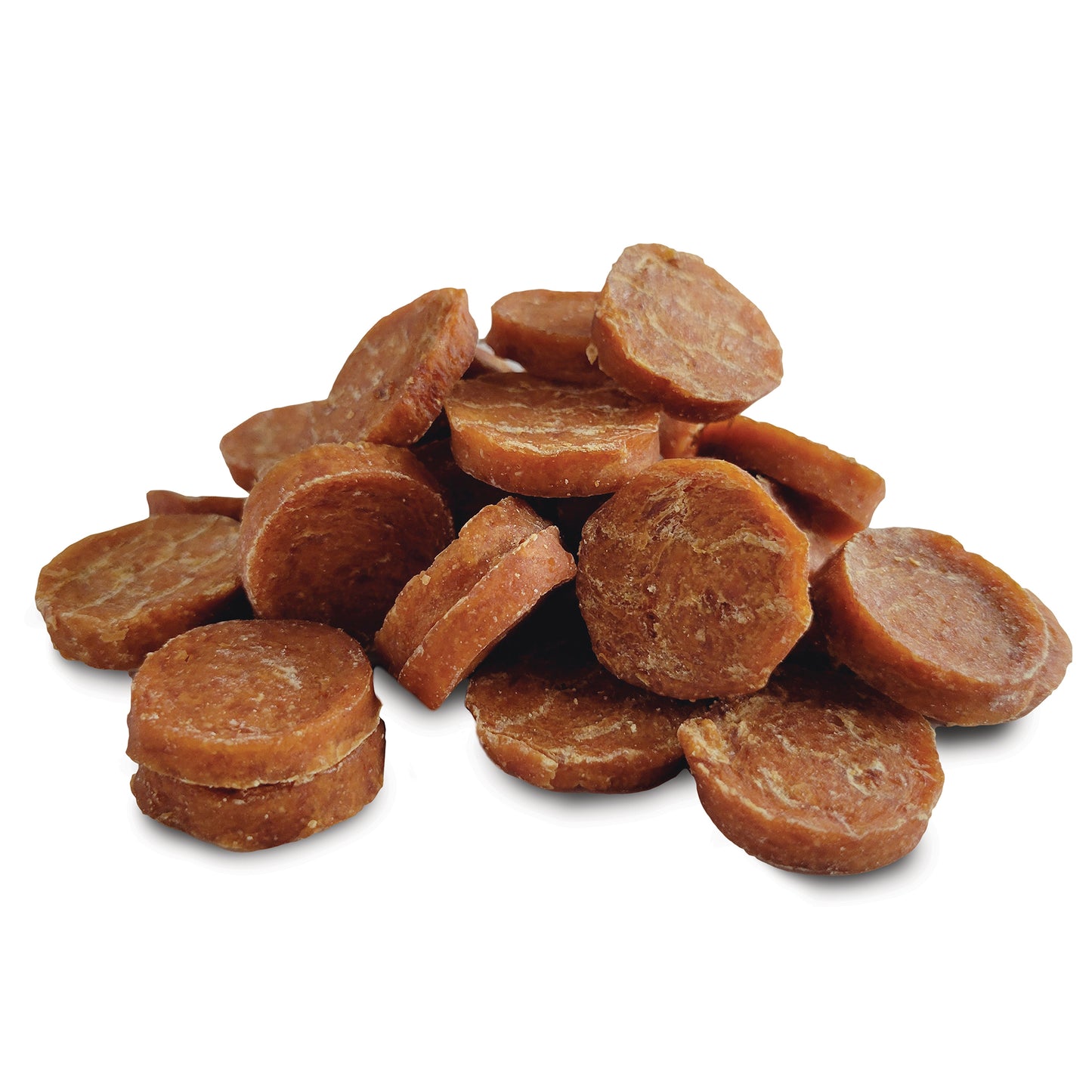 Pile of brown dog treats on a white background