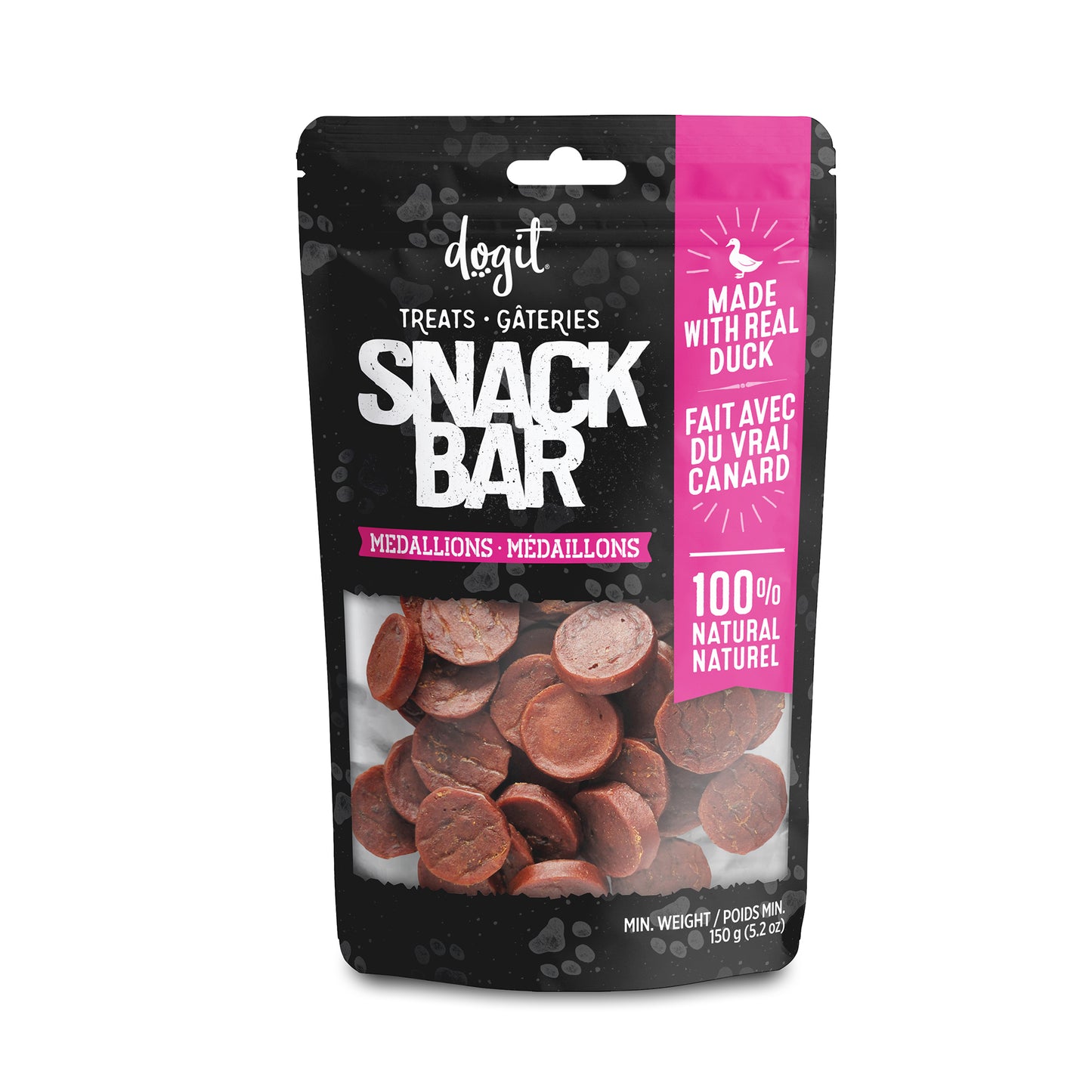 Dogit Snack Bar treats packaging with black and pink design on a white background