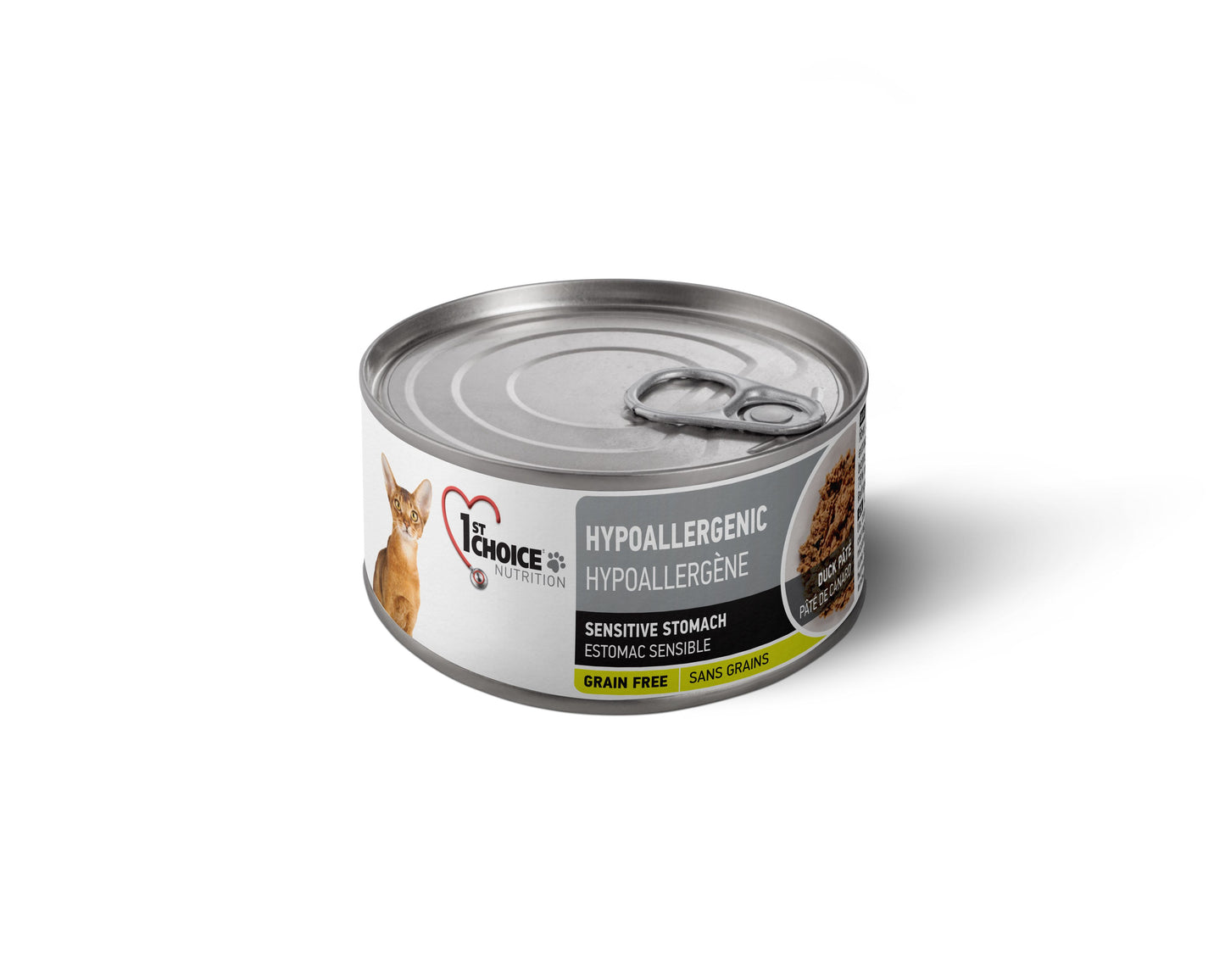 Can of cat food with a label on a white background