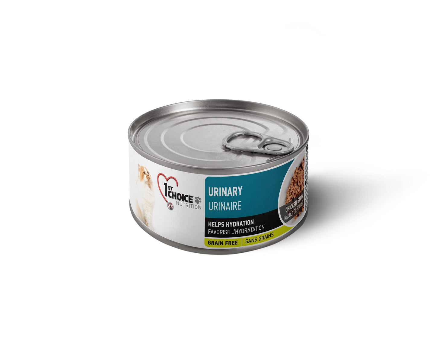Can of cat food with a label on a white background