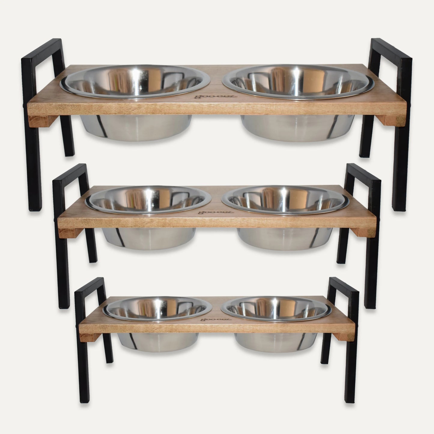 Stylish double bowl mango wood feeder with stainless steel bowls. Handcrafted, sustainable & practical.