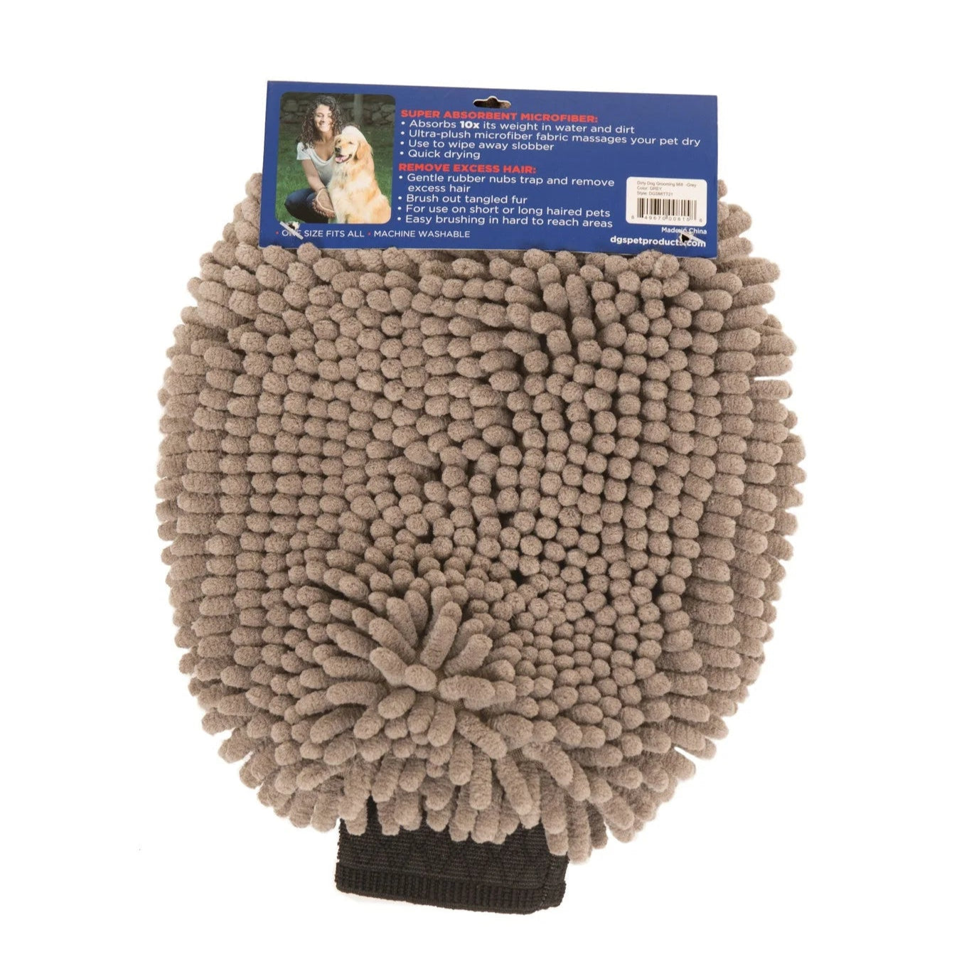 Dirty Dog Cleaning Mitt with a blue label on a white background