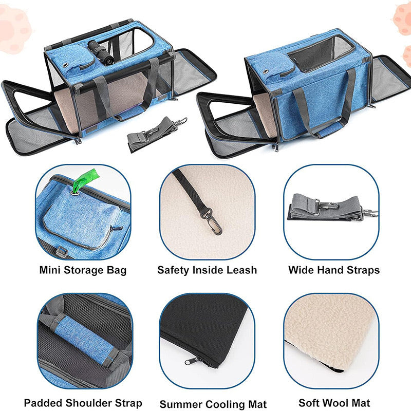 Pet carrier with additional accessories on a white background