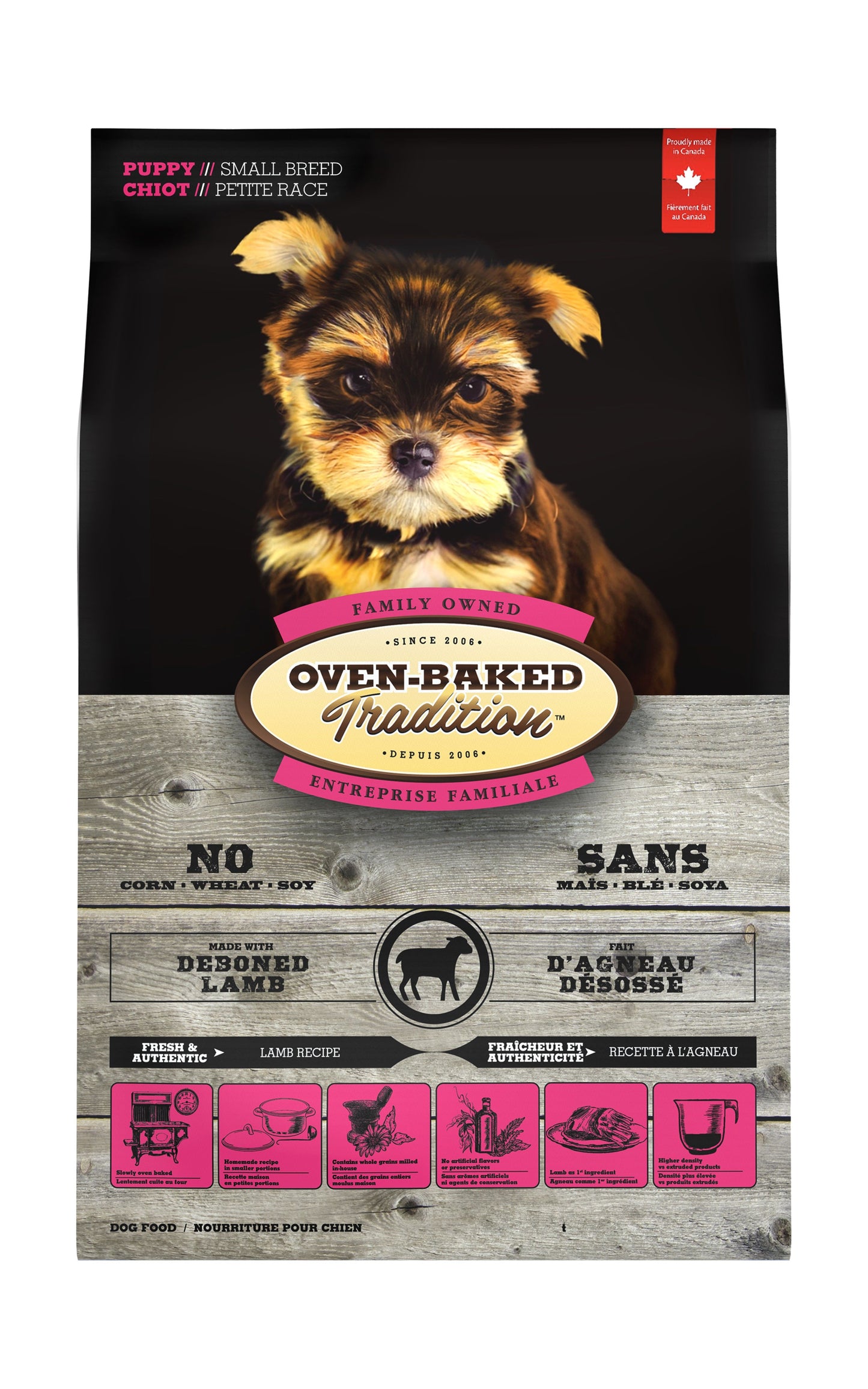 Dog food package with a dog illustration and branding on a black and gray background