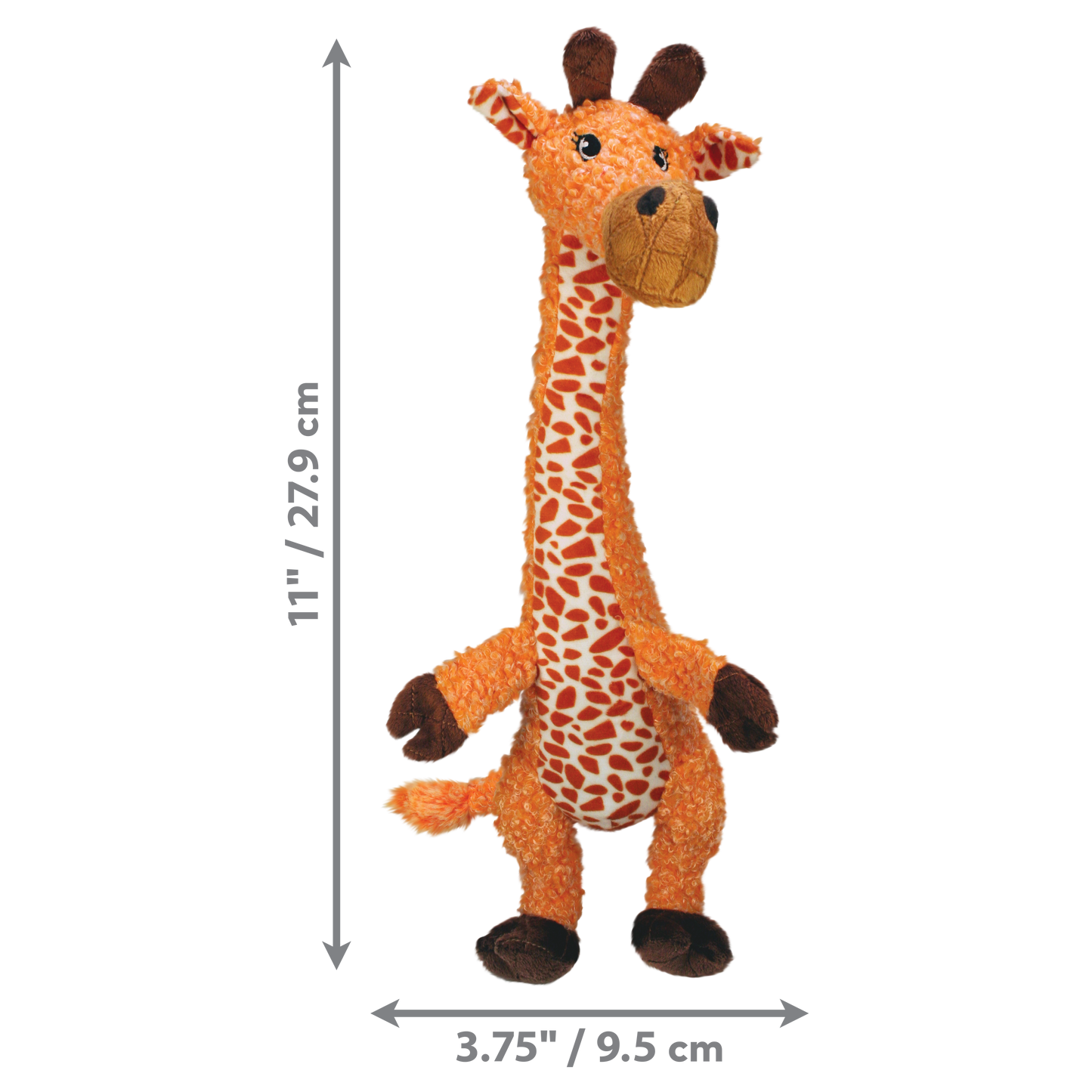 Plush giraffe toy with measurements on a white background