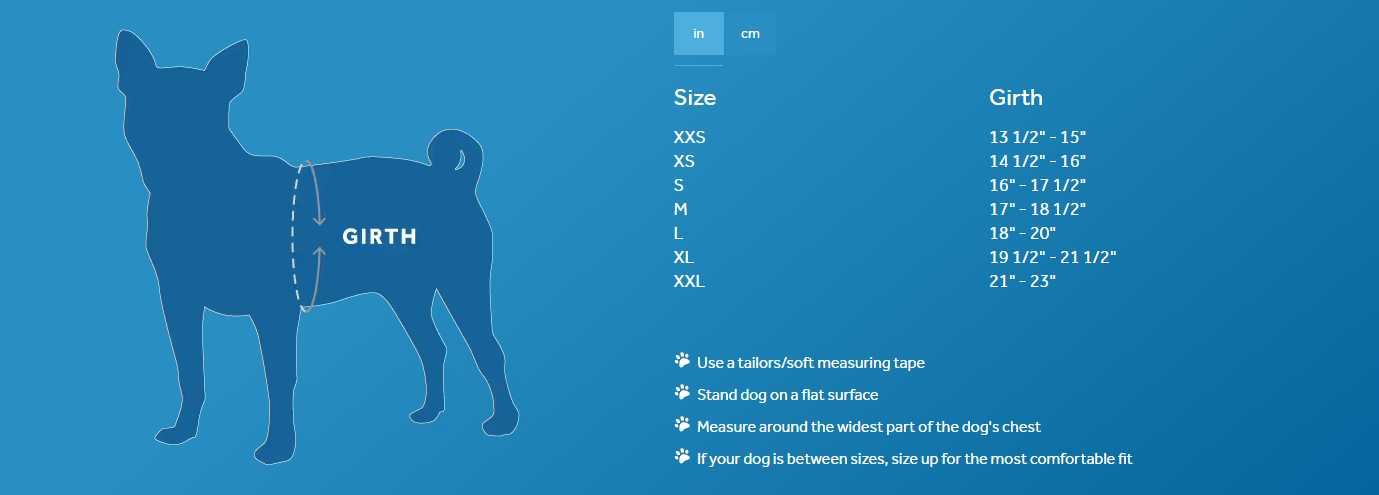Dog girth measurement chart with a blue background