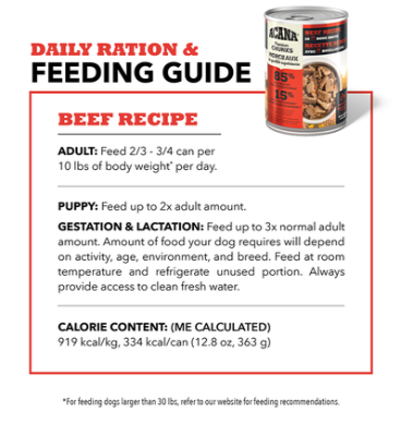 Dog food can with feeding guide text on a white background