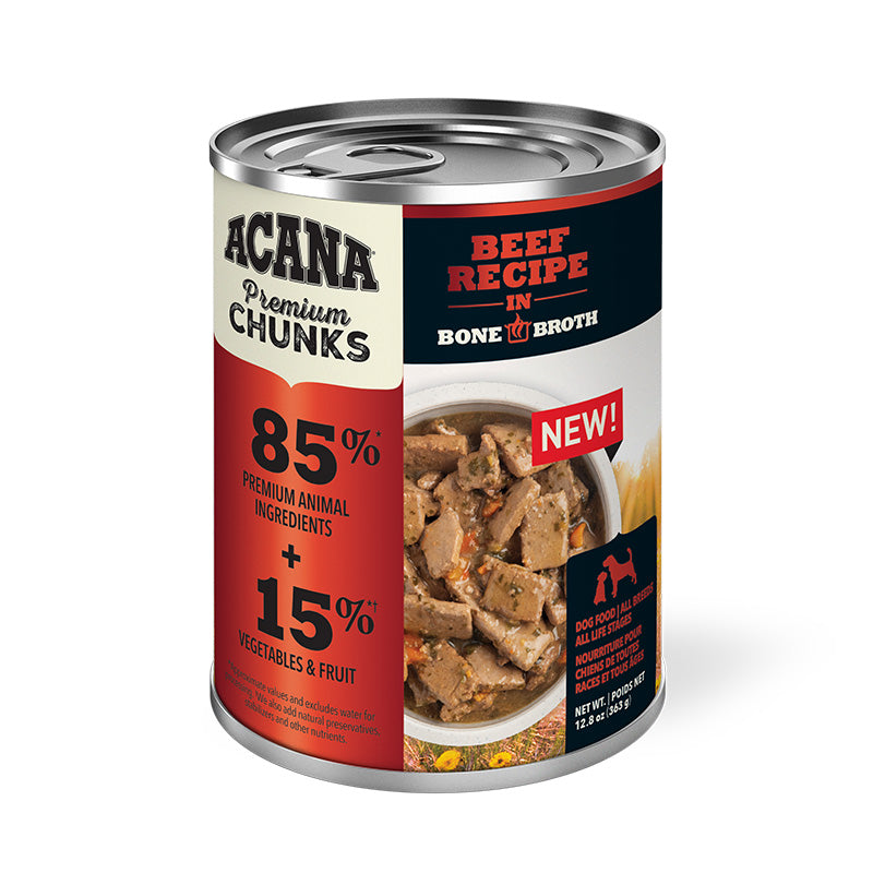 Can of Acana Premium Chunks Beef Recipe in Bone Broth on a white background
