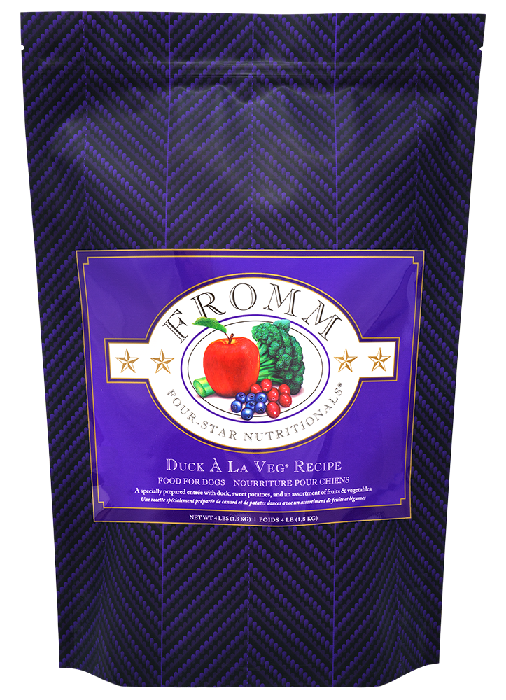 Purple pet food package with 'Fromm' branding and colorful label