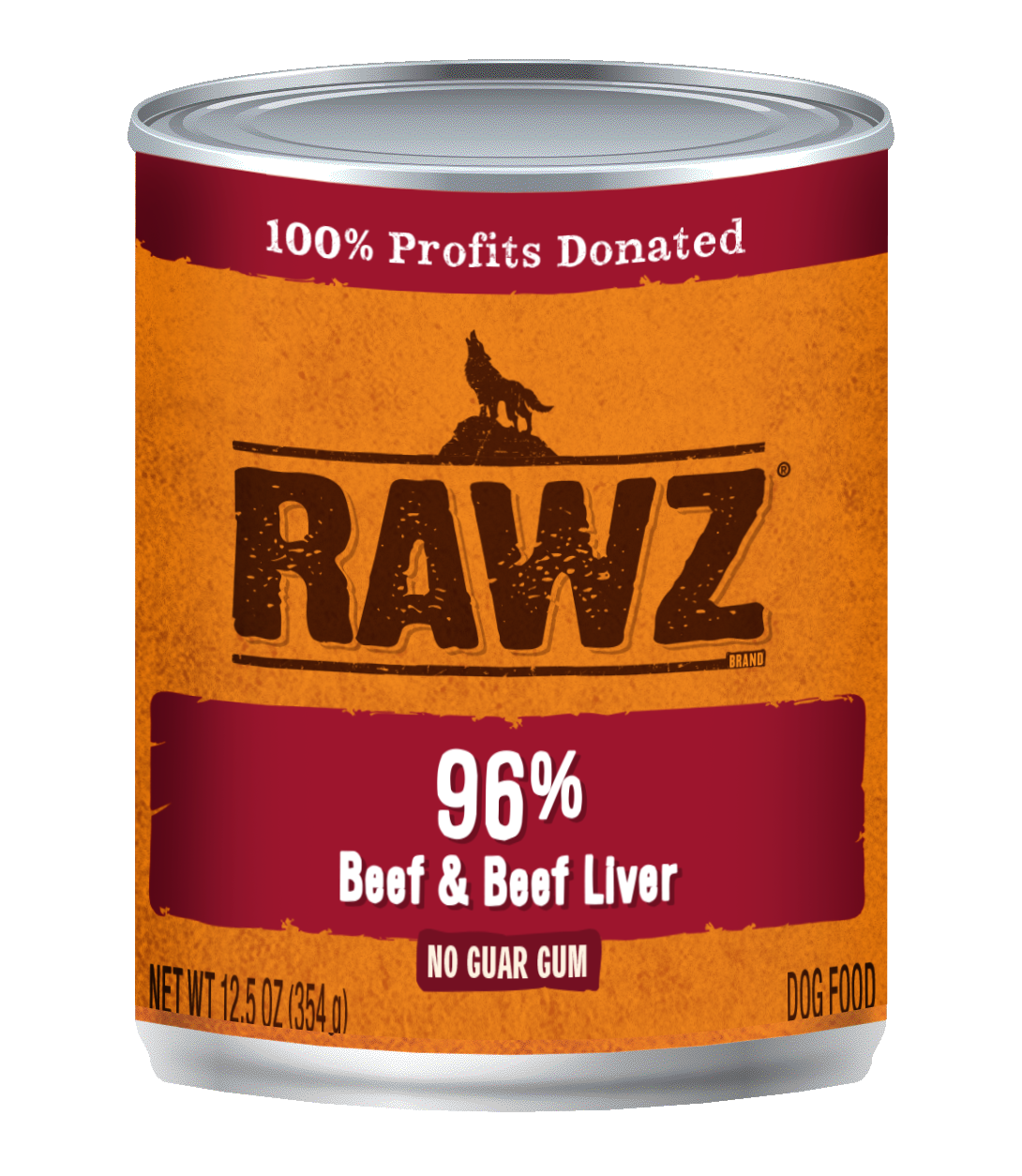 Can of RAWZ dog food with a red and orange label on a white background