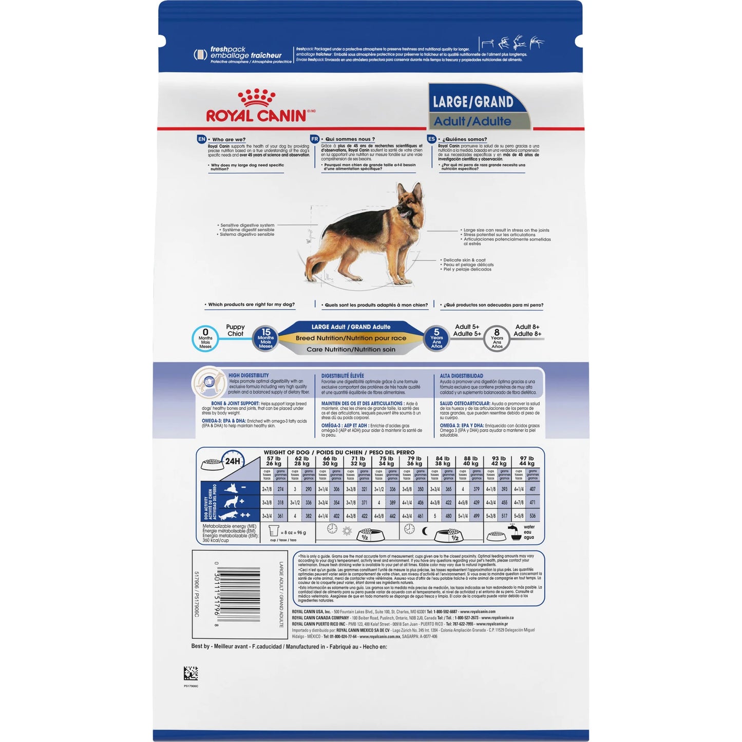Royal Canin dog food package for large dogs on a white background