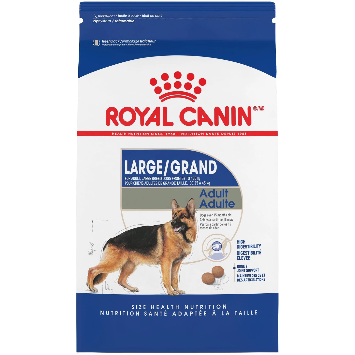 Royal Canin Large Adult dog food packaging on a white background