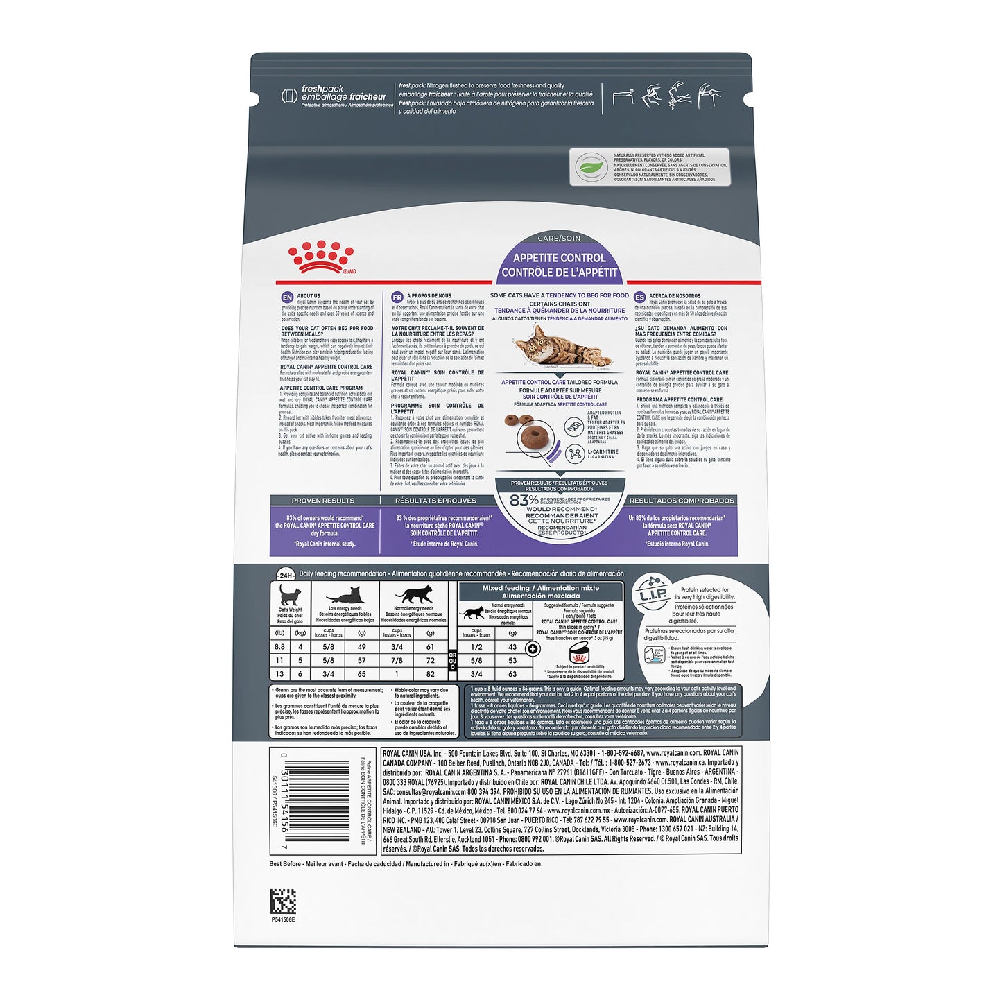Dog food package with detailed nutritional information on a white background