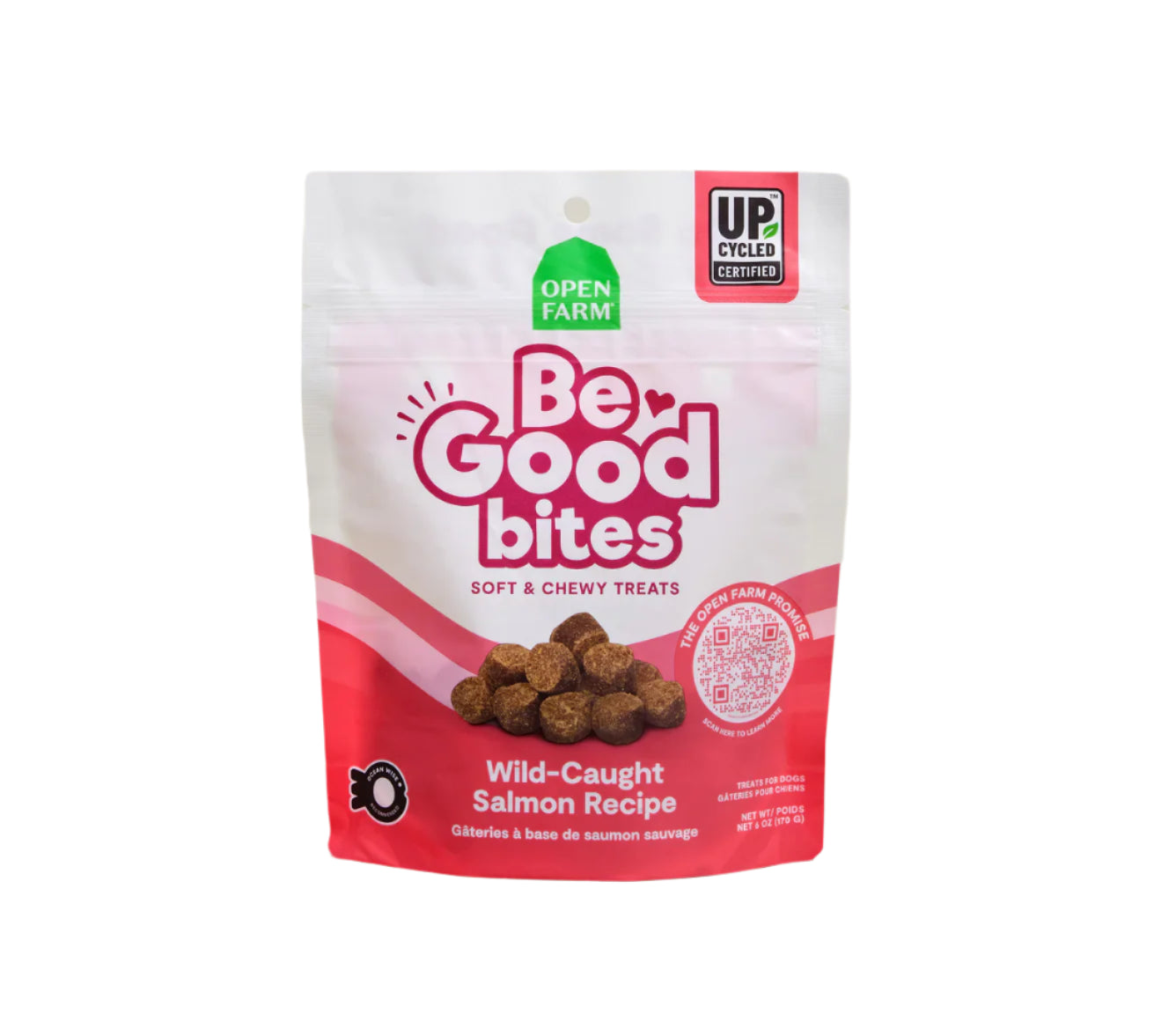 Bag of Be Good Bites soft and chewy treats with salmon recipe on a beige background