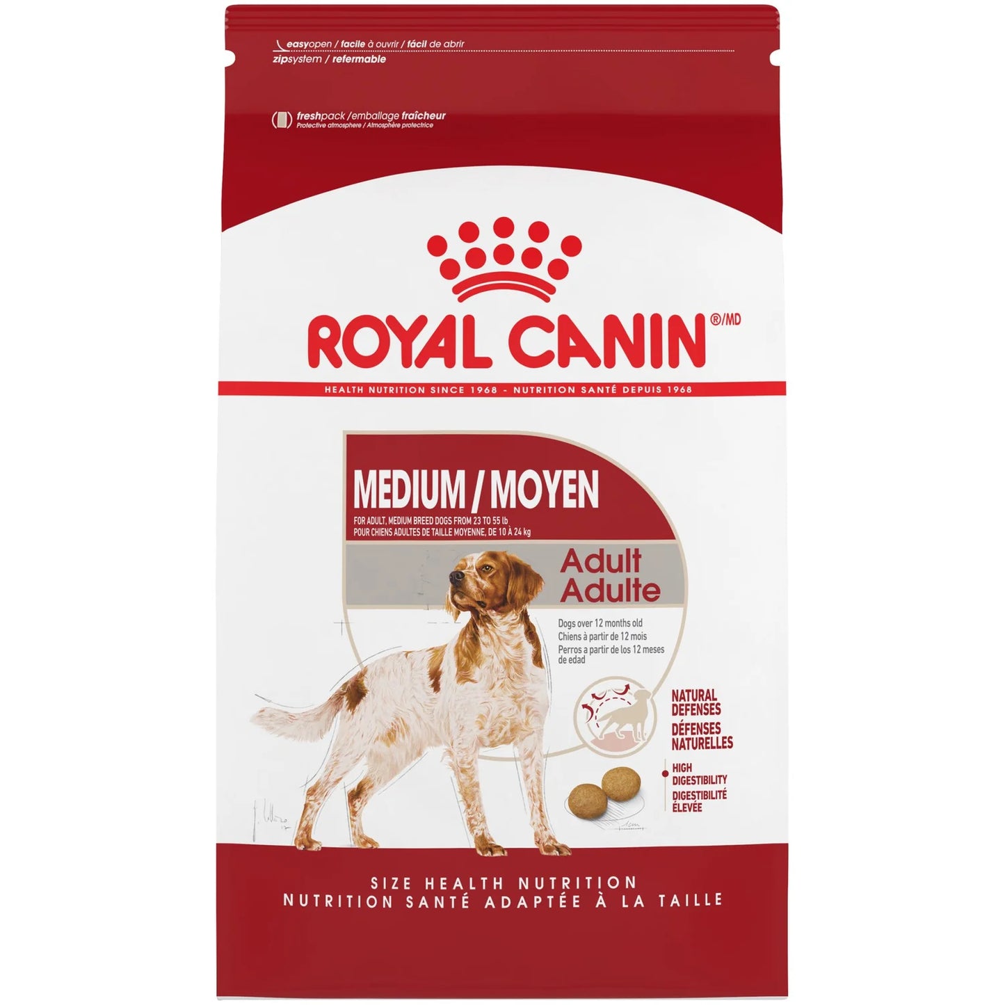 Royal Canin Medium Adult dog food packaging on a white background