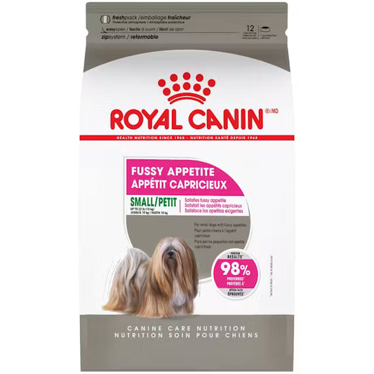 Royal Canin Fussy Appetite dog food package on a white background