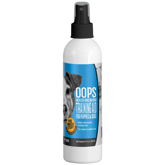 Dog training aid spray bottle with blue label on a white background
