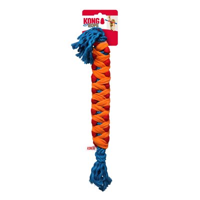 Dog toy with orange and blue braided rope on a white background