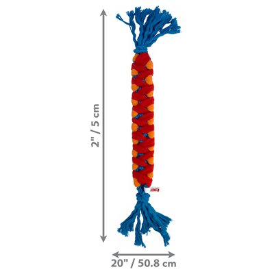 Colorful dog toy with measurements on a white background