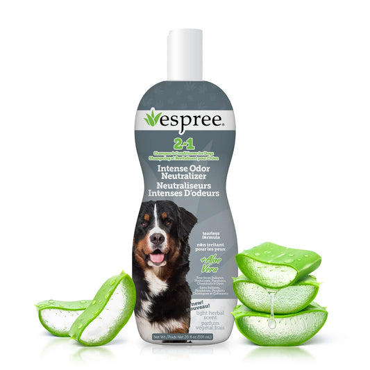 Espree dog shampoo bottle with aloe vera illustration on a white background