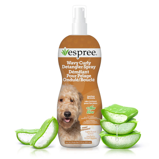 Espree Wavy Curly Detangler Spray for dogs with aloe vera on a white background