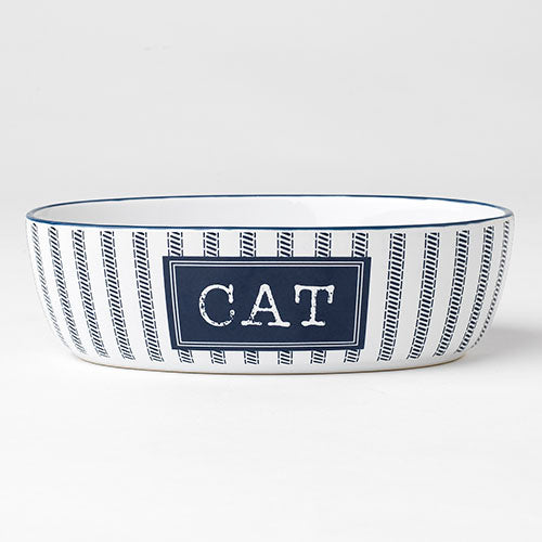 Cat food bowl with striped pattern and 'CAT' label on a white background