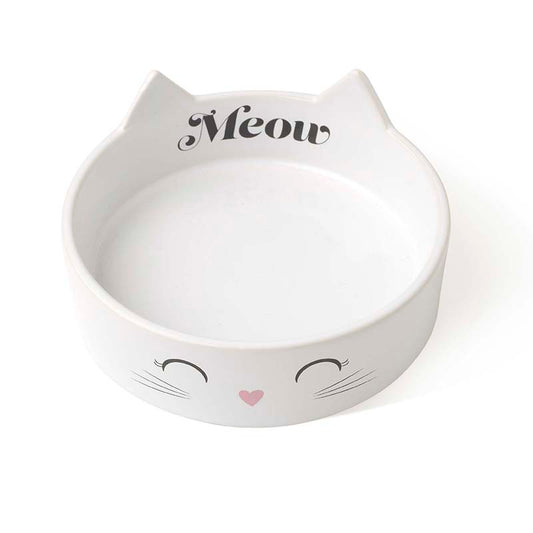 White cat-shaped bowl with 'Meow' text on a white background