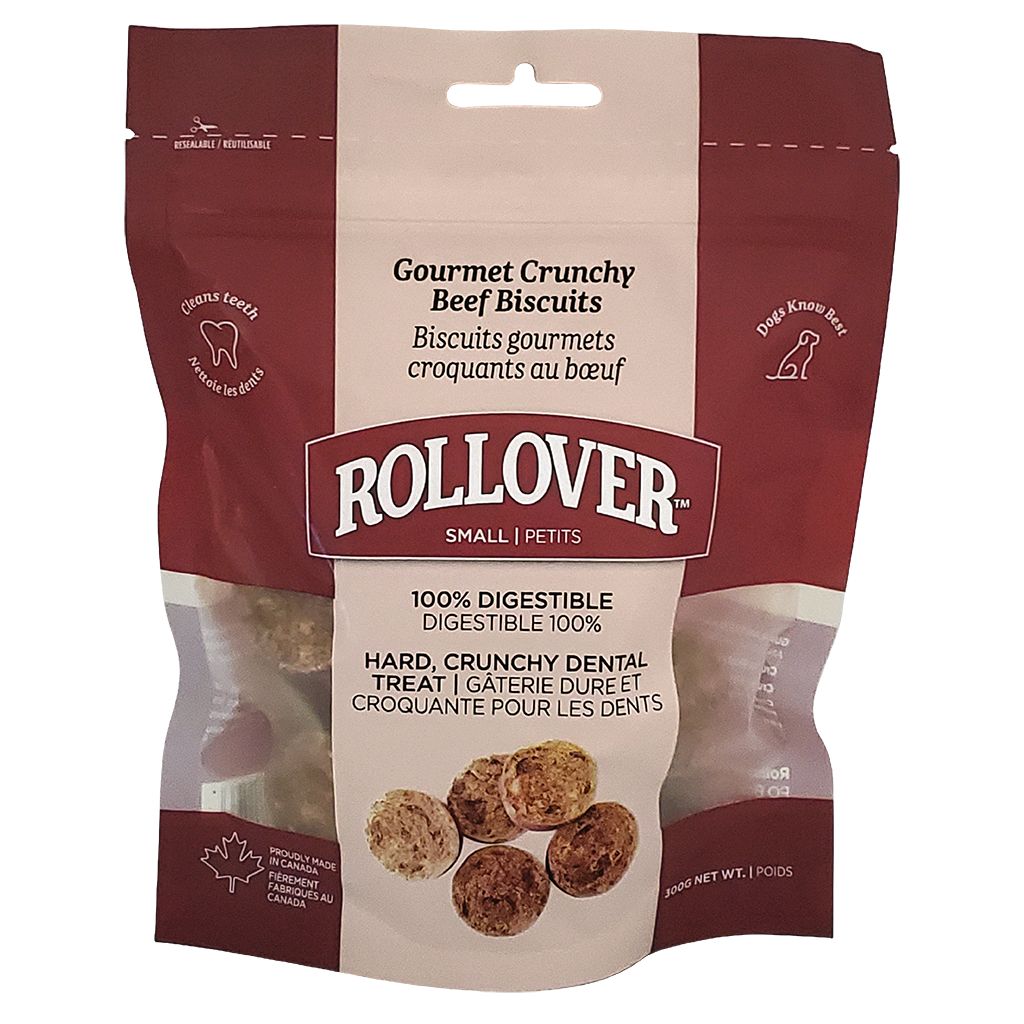 Package of Rollover Gourmet Crunchy Beef Biscuits for dogs on a white background