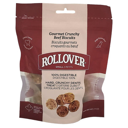 Package of Rollover Gourmet Crunchy Beef Biscuits for dogs on a white background