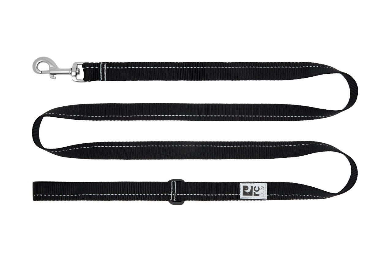 Black dog leash with metal clip on a white background