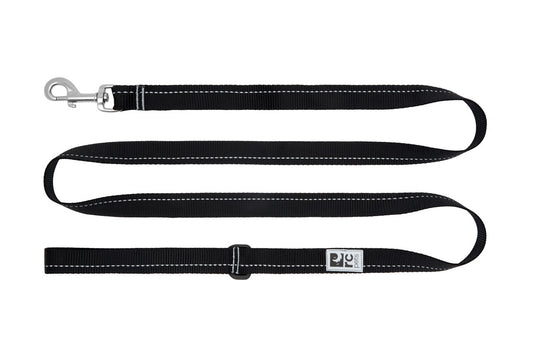 Black dog leash with metal clip on a white background