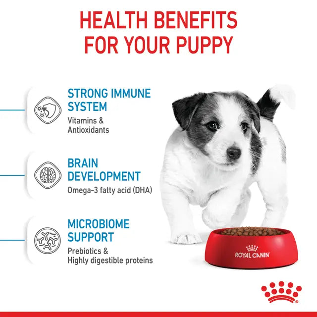 Royal Canin advertisement with a puppy and health benefits text on a white background