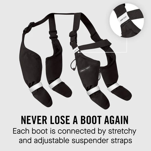 Black boot suspension system with adjustable straps on a light gray background