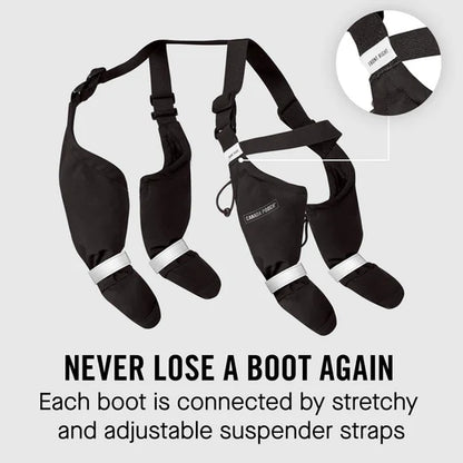 Black boot suspension system with adjustable straps on a light gray background