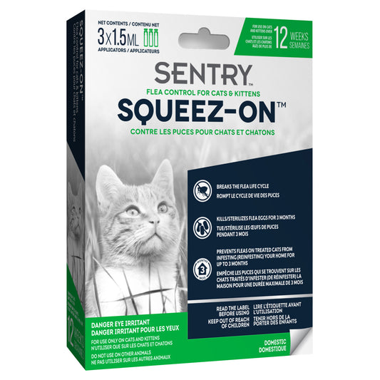 Sentry Squeez-On flea control packaging for cats and kittens on a white background