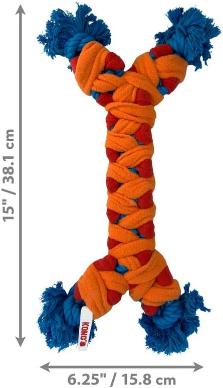 Colorful braided dog toy with measurements on a white background