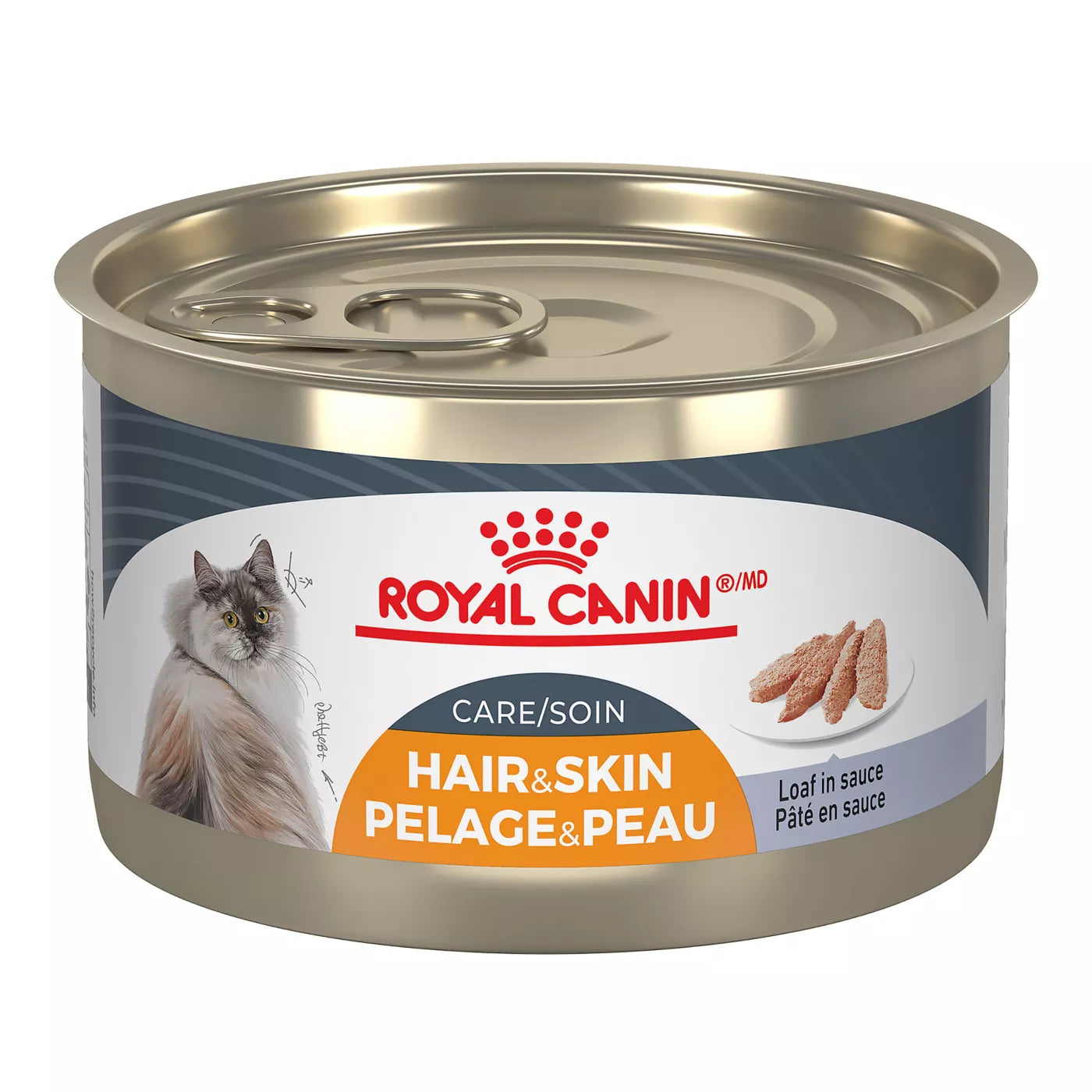 Can of Royal Canin Hair & Skin cat food on a white background