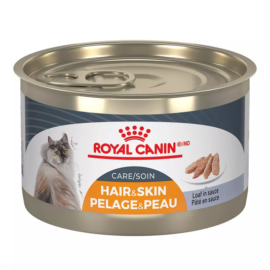 Can of Royal Canin Hair & Skin cat food on a white background