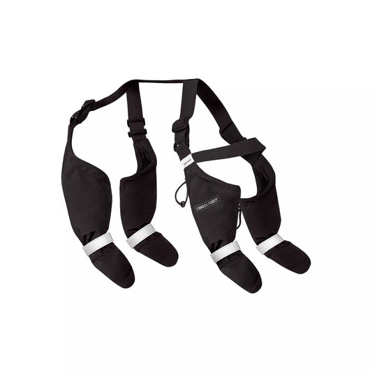 Black protective gear with straps on a white background