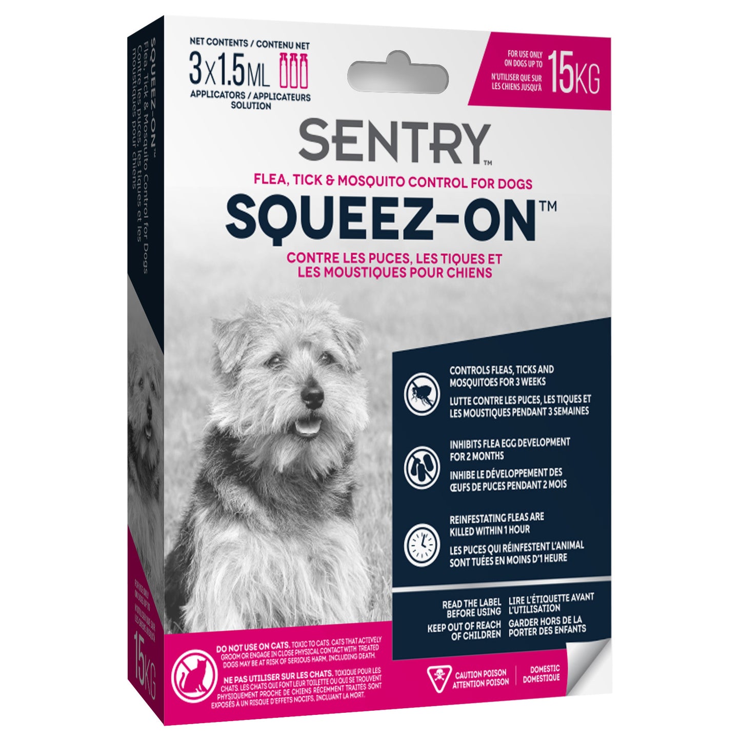 Sentry Squeez-On flea, tick, and mosquito control packaging for dogs on a white background